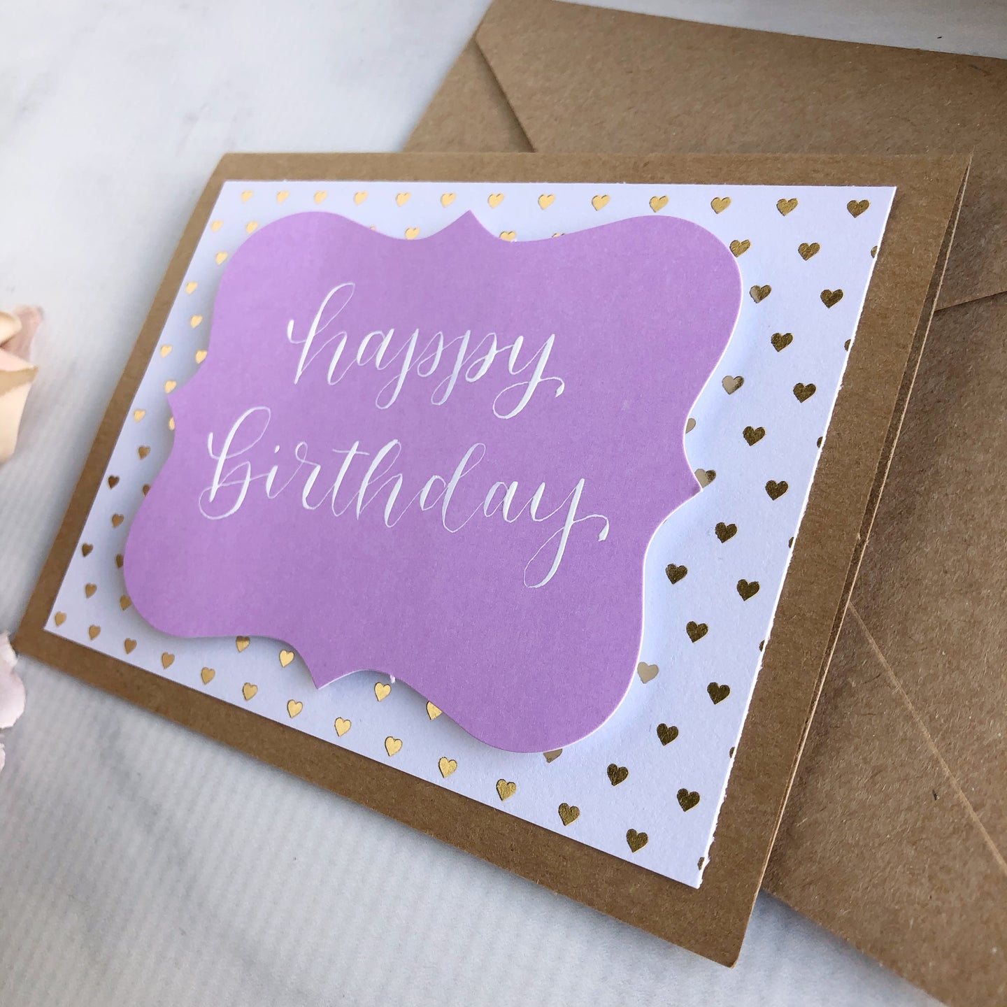 Happy Birthday Card - Gold Hearts on White